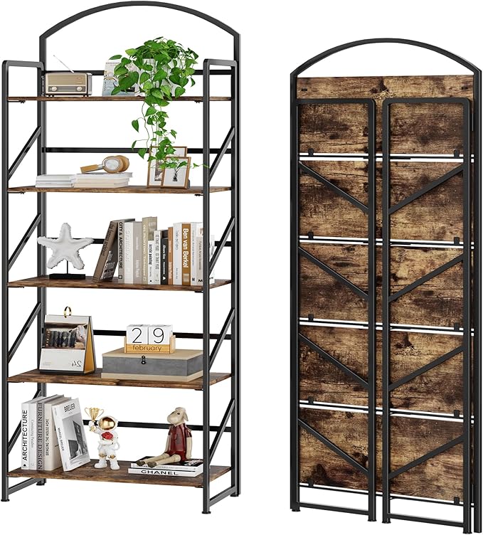 BHG Arched Bookshelf 5 Tier Shelf Storage Organizer Bookcase,No Assembly Folding Book Shelf for Living Room,Bedroom Home Office Rack Bookhelves