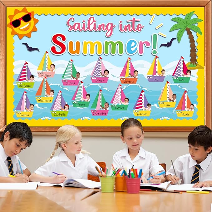 gisgfim 3D Sailing into Summer Classroom Bulletin Board Decorations Set Hawaii Beach Paper Cutouts Sailboats Bulletin Board Decor for Tropical Hawaiian Back to School Nursery Door Chalkboard Wall