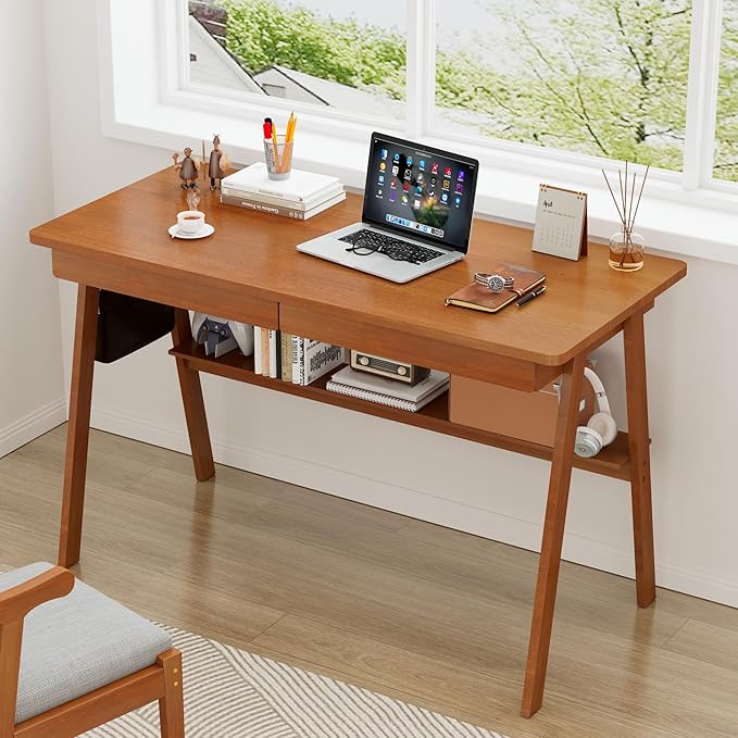 Solid Wood Desk with Drawers - 47.2 Inch Mid Century Modern Desks, Writing Desk with Drawers & Storage Shelf, Home Office Computer Desks for Bedroom & Home, Walnut Color