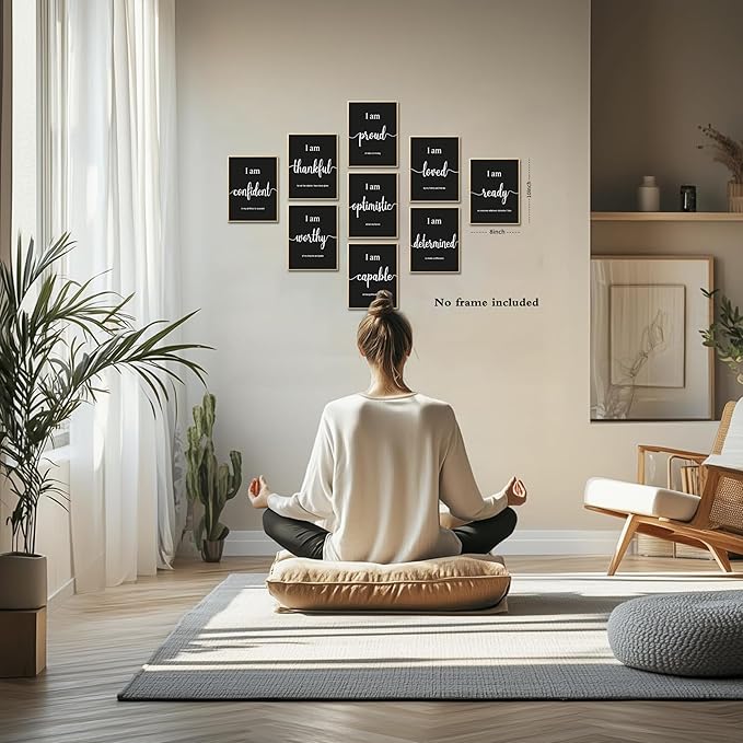 MJONG 9 Piece Inspirational Motivational Wall Art Prints – Unframed Black White Positive Affirmations for Office Classroom Bedroom Dorm or Teen Room Decor, Canvas‑Style Posters 8×10 inch