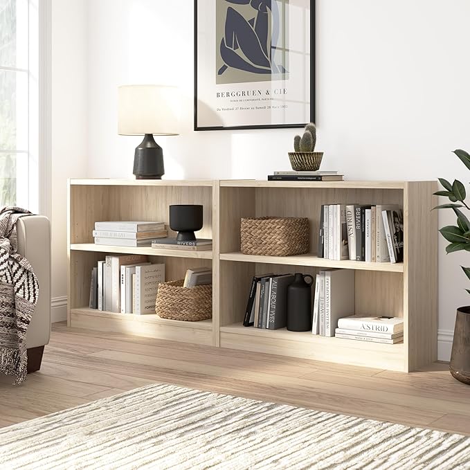 Bush Home Universal Small 2 Shelf Bookcase in Natural Elm, Low Storage and Display Bookshelf for Home Office or Living Room Organization