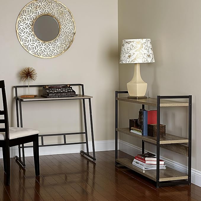 Household Essentials Jamestown Wide 3 Shelf Open Storage Bookshelf Ashwood Rustic Wood Grain and Black Metal