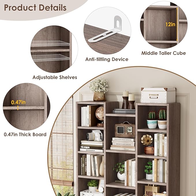 FOTOSOK 71'' Tall Bookshelf with 21 Cubes, 8 Tier Triple Wide Bookshelf with 8 Adjustable Shelves, 35" Large Bookcase DVD/CD Media Tower Storage, Freestanding Display Shelf Cabinet, Oak