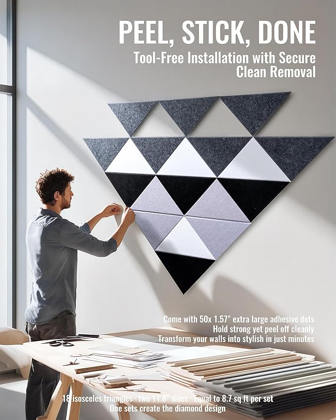 Felt Wall Tiles Bulletin Board, Modular Decorative Panels for Home Office, Kids Room, Classroom, DIY Geometric Design, Creative Photo Display Board, 18 Pack 11.8" Triangle Tiles(Ether)