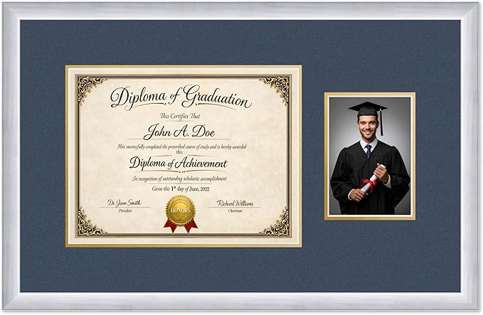 Diploma Frame With Photo Opening Stainless Silver Navy Blue Over Gold Mat - Fits 13 x 10 Degree and Picture Made in the USA