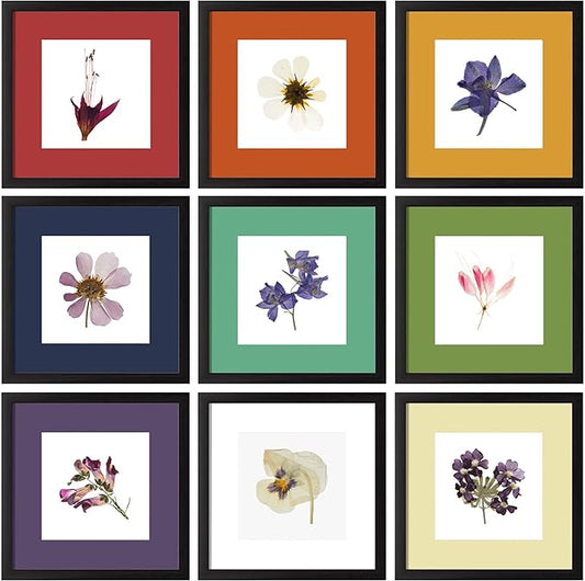 eletecpro 12x12 Picture Frames Set of 9 with Multi Colors Mats for 8x8 Photos or without Mat for 12x12, Square Gallery Wall Decor Collage for Picture Display, Black Frame Set for Wall Hanging