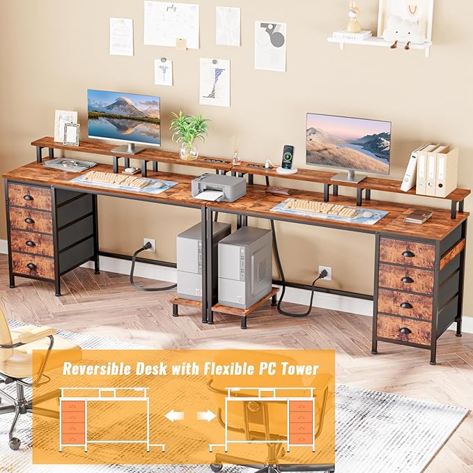 Furologee Computer Desk with Power Outlets & LED Lights, 55 Inch Reversible Gaming Desk with Full Monitor Stand, Home Office Table with 4 Fabric Drawers, Study Table for Bedroom, Rustic Brown