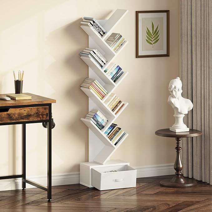 Rolanstar Tree Bookshelf with Drawer, 9 Shelf Bookshelf, Wooden Bookcase Storage Rack for CDs/Movies/Books, Corner Bookshelves, Utility Organizer Shelves for Living Room, Bedroom, White