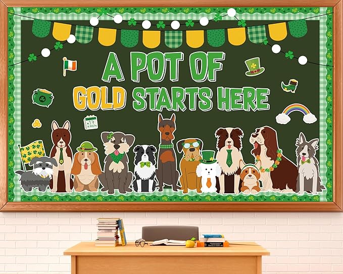 St.Patrick's Day Pet Dog Bulletin Board Set Puppy Classroom Decoration Lucky Shamrock Clover Gold Coin Cute Dog Bulletin Board St. Patricks Cutouts for Irish Home Classroom Chalkboard Wall Decor