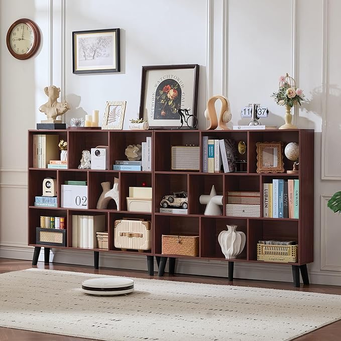 LEYAOYAO 10 Cube Bookshelf,3 Tier Modern Wide Bookcase with Legs,Mid-Century Wood Bookshelves Storage,Mint-Walnut Large Book Case,Freestanding Organizer Display Shelf for Bedroom,Living Room,Office