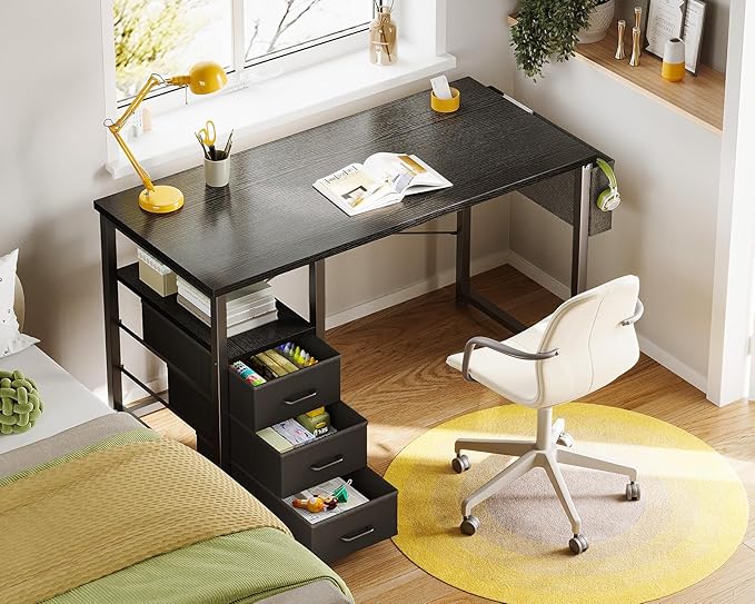AODK 40-Inch Small Computer Desk with Fabric Drawers, Kids Girls Teen Study Writing Desk for Bedroom, Home Office Desk with Storage Shelf & Bag for Small Space, Black