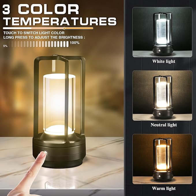 Portable Cordless Table Lamp，LED Desk Lamp with Touch Control，3-Colour Infinitely Dimming Rechargeable Battery Powered Dimming LED Lighting for strange/Restaurant/Bedroom/Bar/Outdoor Party（ black）