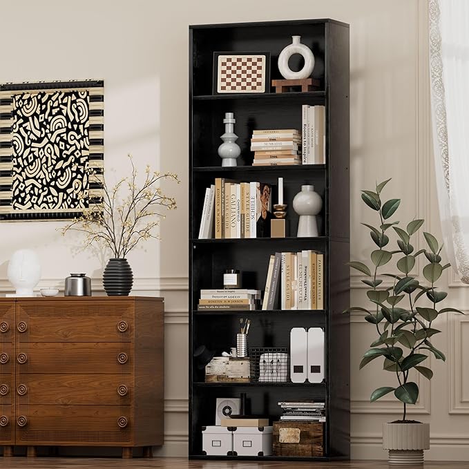 JAMFLY Narrow Tall Bookshelf 6 Shelf Bookcase Vertical Storage, Slim Profile Tall Narrow Storage Unit for Home Office, Living Room, Bedroom, Black