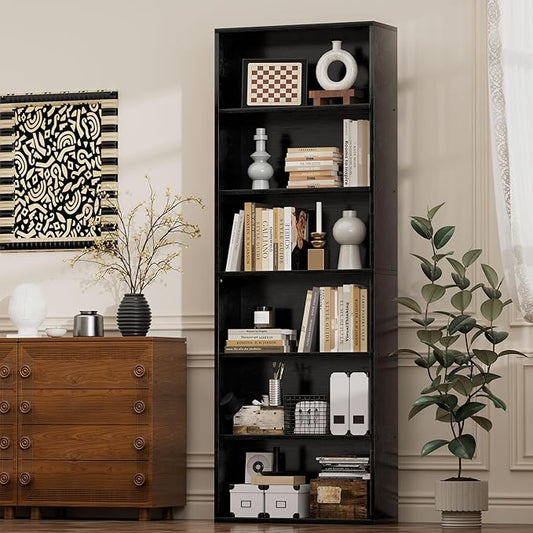 JAMFLY Narrow Tall Bookshelf 6 Shelf Bookcase Vertical Storage, Slim Profile Tall Narrow Storage Unit for Home Office, Living Room, Bedroom, Black