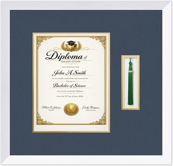 CountryArtHouse Diploma and Tassel Frame Fits 8.5 x 11 Certificate (Portrait) with Tassel H Bright White Genuine Hardwood Shadowbox with Navy Blue Over Metallic Gold Double mat