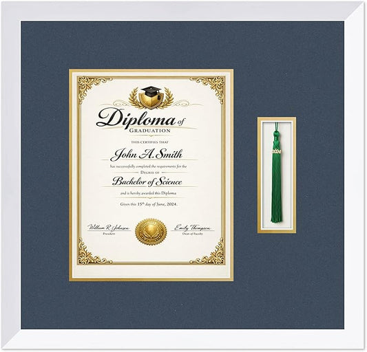 CountryArtHouse Diploma and Tassel Frame Fits 8.5 x 11 Certificate (Portrait) with Tassel H Bright White Genuine Hardwood Shadowbox with Navy Blue Over Metallic Gold Double mat