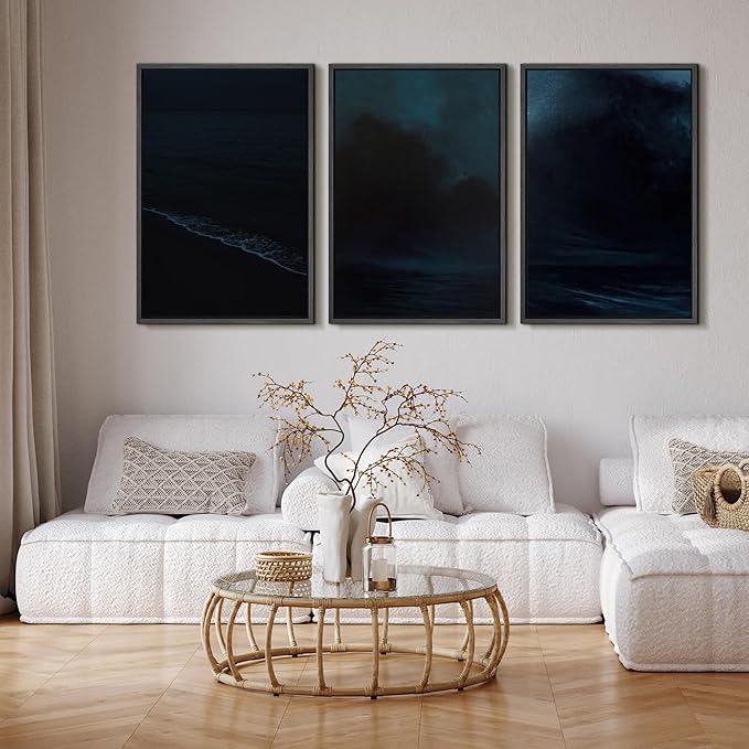 SIGNFORD Framed Wall Art Print Set Midnight Ocean Waves Dramatic Dark Seascape Digital Art Modern Art Contemporary for Living Room, Bedroom, Office - 16"x24"x3 Black