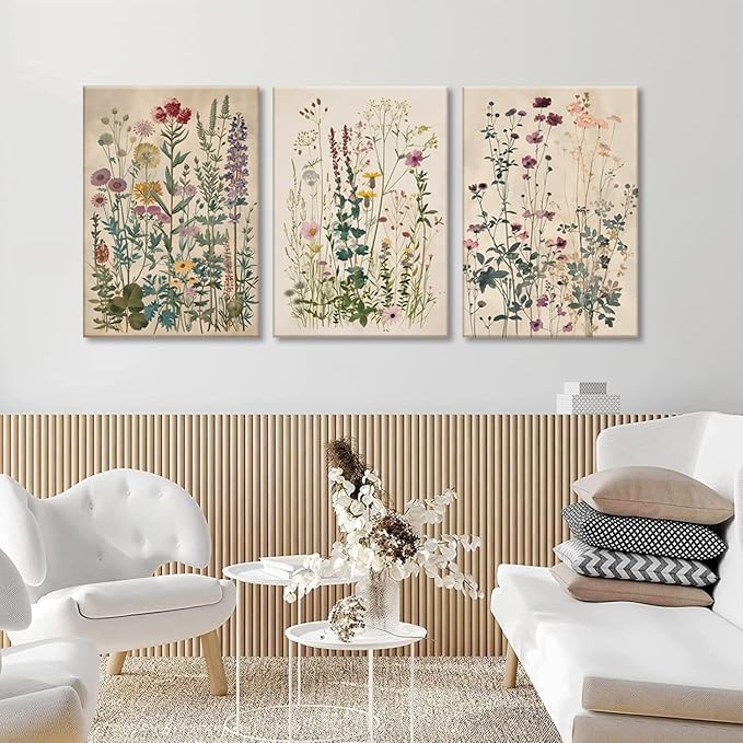 TUEASKY 3 Piece Canvas Wall Art Wildflower Wall Decor Botanical Pictures Floral Paintings Vintage Prints Watercolor Artwork for Bedroom Living Room