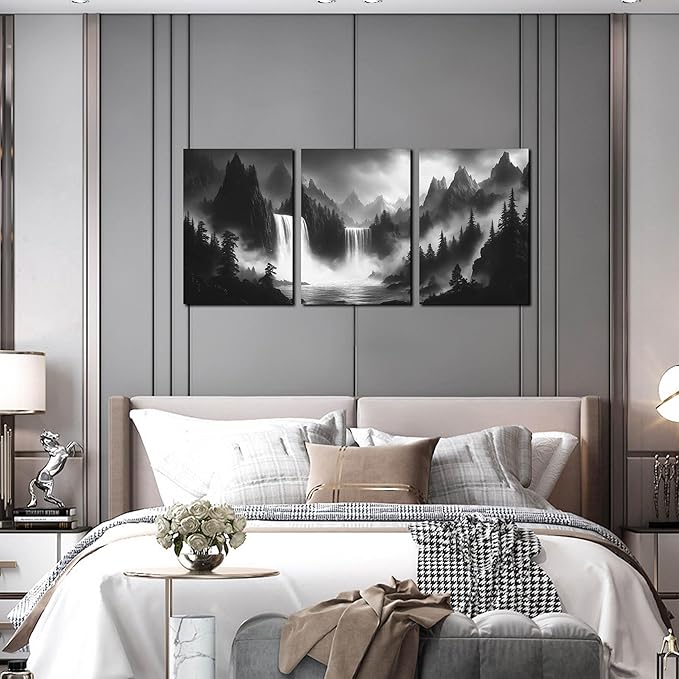 Waterfall Pictures Wall Art for Office - Black and White Canvas Wall Art for Living Room - 3 Piece Mountains Wall Art for Bedroom 16" x 24"