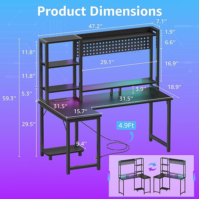 L Shaped Gaming Desk with Shelves - 48 inch Corner Computer Desks with Storage Hutch Shelf Reversible Pegboard Led Lights Power Outlets PC Monitor Stand for Bedroom, Black