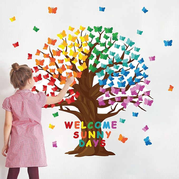 128 Pcs Butterfly Tree Bulletin Board Decorations Spring Classroom Bulletin Board Sets Welcome Sunny Days Back to School Cutouts for Wall Background Chalkboard Supplies