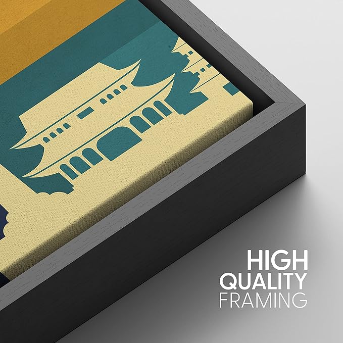 IDEA4WALL Framed Canvas Print Wall Art Retro Vintage Chinese Capitol Poster Cultural Building Illustrations Modern Art Contemporary Scenic Warm for Living Room, Bedroom, Office - 16"x24" BLACK