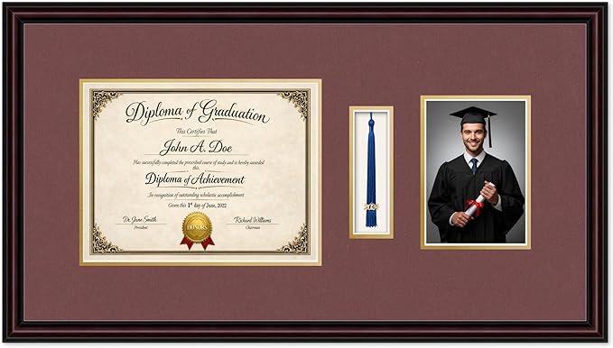 Diploma Tassel and Photo Frame Executive Brown Shadowbox Dark Red Over Gold Mat - Fits 11 x 8.5 Degree Picture Made in the USA