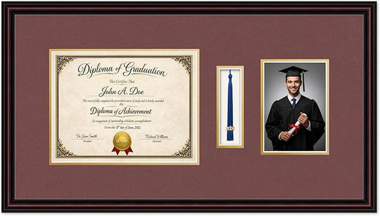 Diploma Tassel and Photo Frame Executive Brown Shadowbox Dark Red Over Gold Mat - Fits 11 x 8.5 Degree Picture Made in the USA