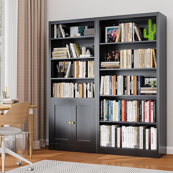 Bookshelves and Bookcases, 5 Shelf Bookcase for Home Office Library Living Room, Metal Bookcase with Adjustable Shelves. Set of 2