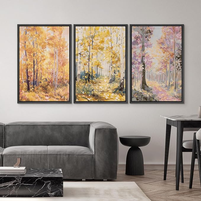 SIGNWIN Framed Canvas Print Wall Art Set Golden Autumn Forest Watercolor Woodland Path Illustrations Modern Art Decorative Abstract for Living Room, Bedroom, Office - 24"x36"x3 Black