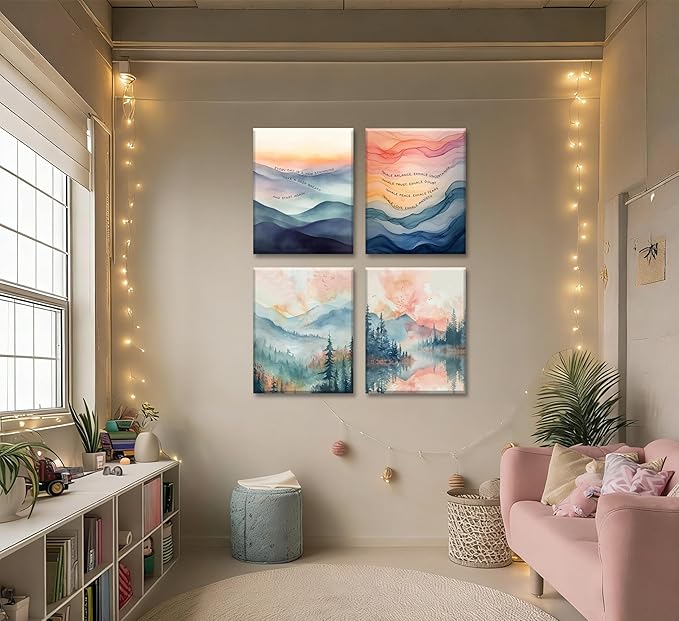 4pcs Mental Health Inhale Exhale Meditation Canvas Wall Art Abstract Watercolor Painting Picture Wall Decor Therapy Office Pictures Poster Print Artwork for Meditation Room Calming Corner Decoration
