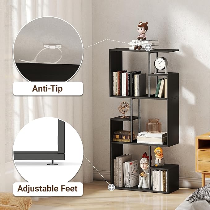 Manora 3 Tier Geometric Bookcase, S Shaped Bookshelf, Modern Black Brown Bookcase with Tall Display Shelves, Decorative Storage Shelf for Living Room and Bedroom