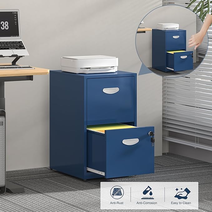 2 Drawer File Cabinet with Lock, Metal File Cabinet for Home Office, Under Desk Storage, Printer Stand, for Letters and File Boxes, Assembly Required, Blue