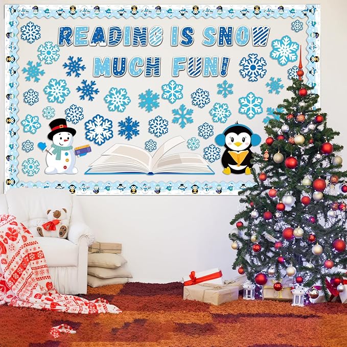 Winter Reading Bulletin Board Decoration Set Snowflake Snowman Penguins Cutouts Christmas Winter Snowflake Bulletin Board Borders Classroom Decorations for Holiday Party School Home Door Wall(Winter)