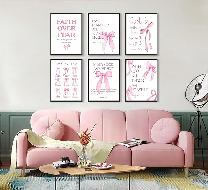 6Pcs Pink Christian Wall Art Inspirational Verse Posters Print Cute Coquette Bow Canvas Pictures for Girls Room Dorm Bathroom Bedroom Wall Decor 8x10In Unframed