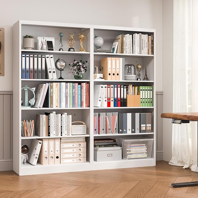 Bookcase,5 Tier Bookshelf,55" Tall Free Standing Metal Bookcase with Adjustable Storage Shelves,Wide Bookshelf for Bedroom Living Room Home Office School (White)