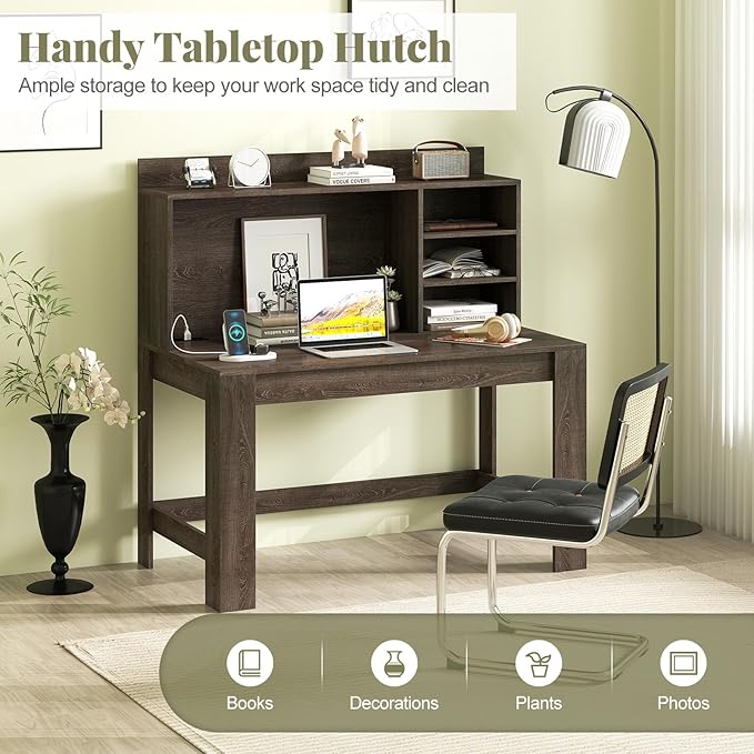 Giantex Computer Desk with Hutch, Modern Home Office Desk with Power Outlets, Storage Shelves & Cable Hole, Makeup Vanity Table, Study Writing Desk for Bedroom Office Small Space (Grey Oak)
