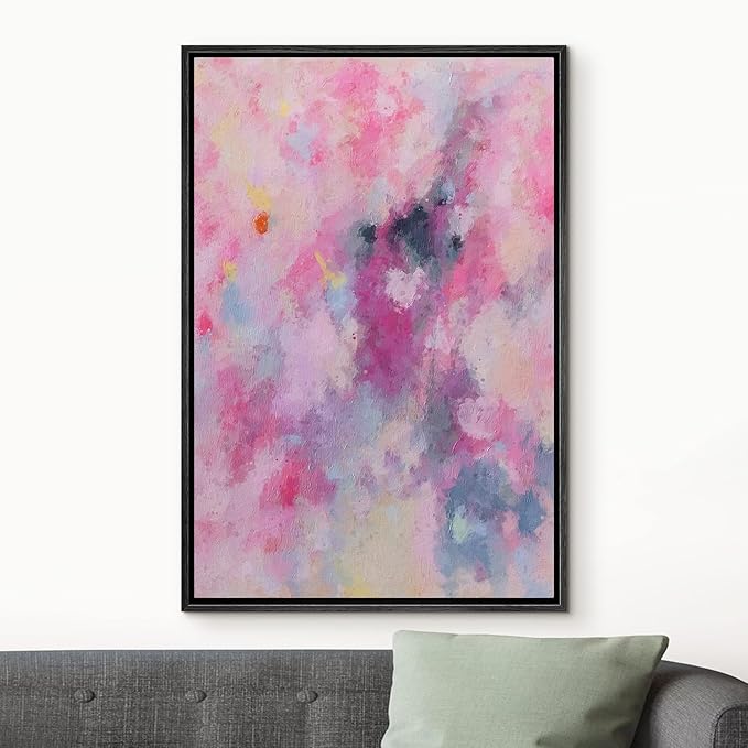 MUDECOR Framed Canvas Print Wall Art Teal Vibrant Pink Pastel Watercolor Paint Strokes Abstract Shape Illustrations Modern Art Decorative Relax/Calm for Living Room, Bedroom, Office - 16"x24" Black