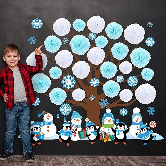 Winter Bulletin Board Decoration Set Winter Wonderland Cutouts for Classroom Winter 3D Tree with Paper Pom Poms Snowflake Bulletin Board for School Classroom Nursery Christmas Party Wall Door Decor