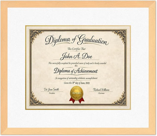 Diploma Frame Natural Wood with Oyster Shell Over Gold Double Mat - Fits 15 x 12 Military/Government Wall Display Made in the USA