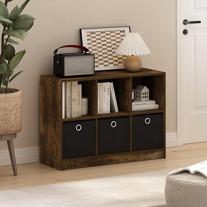 Furinno Basic Book Shelf, 6-Cube Bookshelf with Open Shelf, 3 x 2 Bookcase with Storage Bins, Closed Back, Horizontal, 11.9 x 31.6 x 23.6, for Living Room, Bedroom, Home Office, Amber Pine