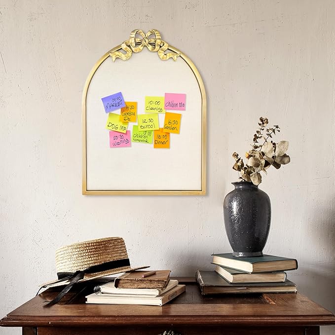 Vintage Arched Linen Cork Board with Gold Bow – Decorative Bulletin Board for Walls, Metal Frame Pin Board for Notes, Photos & Reminders, Elegant Vision Board for Home & Office 16"x21"