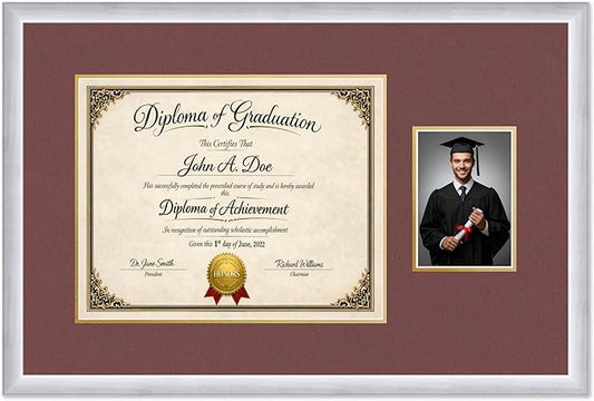 Diploma Frame With Photo Opening Stainless Silver Dark Red Over Gold Mat - Fits 15 x 12 Degree and Picture Made in the USA