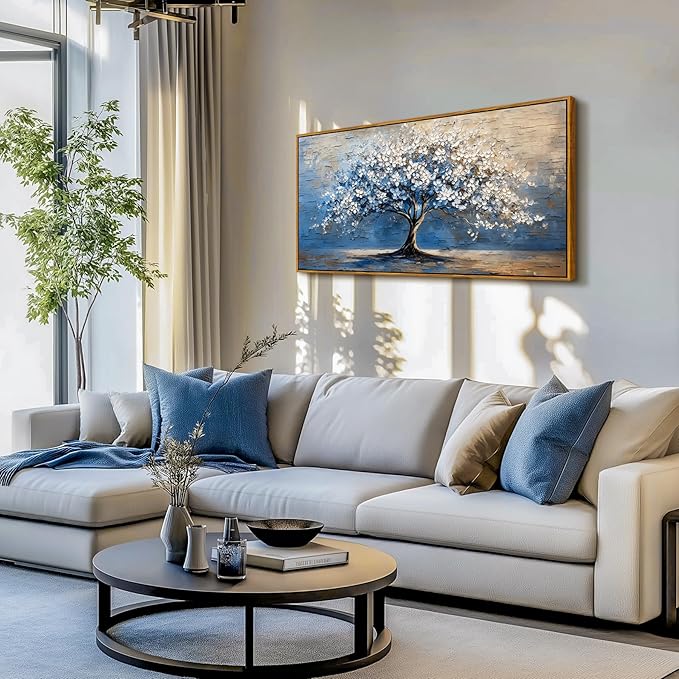 SERIMINO Tree of Life Wall Art, Large Framed Wall Art, Blue Tree Abstract Painting Art Prints, Nature Plant Canvas Art Wall Decor, Modern Neutral Pictures for Living Room Bedroom Office Hotel 24"X48"