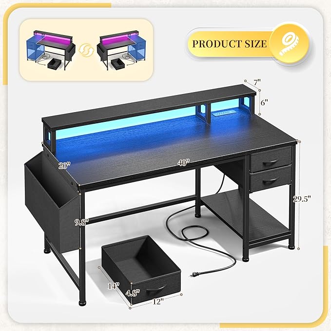 40" Gaming Desk with Drawers&Storage Bag, Computer Desk with Power Outlets and LED Lights, Office Desk with Monitor Stand for Bedroom Gaming Room, Study Work Home Office, Small Spaces, Black