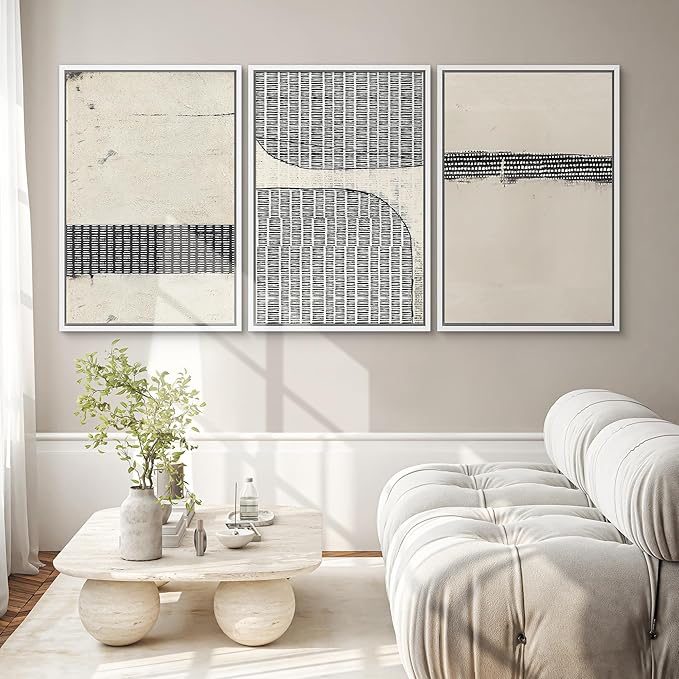 SIGNWIN Framed Canvas Print Wall Art Set Black Tan Grunge Grid Polygon Pattern Abstract Shapes Cozy Neutral Decorative Contemporary Minimal for Living Room, Bedroom, Office - 24"x36"x3 White