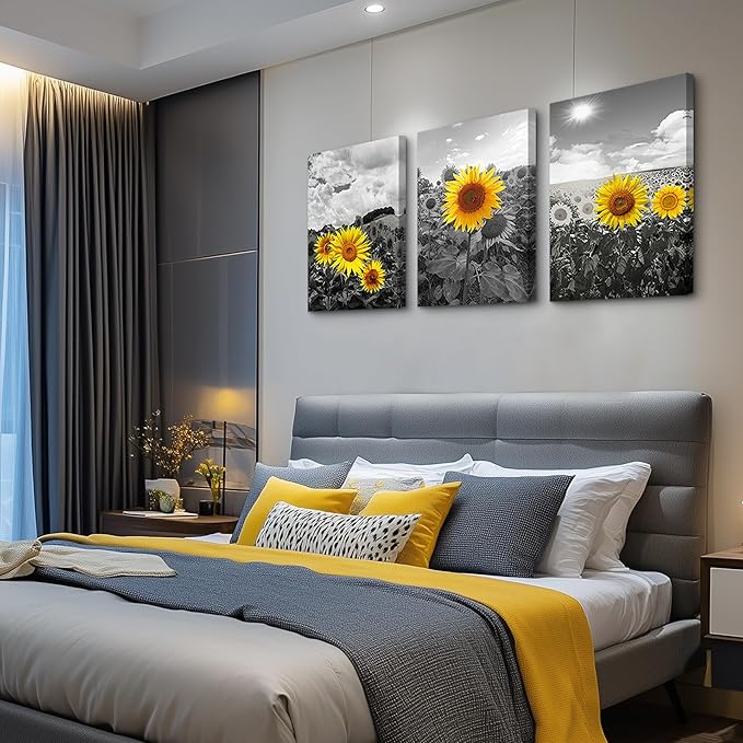 Large size Canvas Wall Art for Living Room family Bedroom wall painting Decoration,Bathroom Wall Decor kitchen Home Decoration Black and white sunflower flowerswall pictures artwork,16x24 3 piece