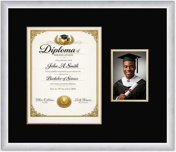 CountryArtHouse Fits 10 x 13 College Diploma (Portrait Traditional) and 5 x 7 Diploma and Photo Frame Stainless Silver Genuine Hardwood with Black Over Metallic Gold Double mat