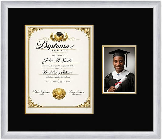 CountryArtHouse Fits 10 x 13 College Diploma (Portrait Traditional) and 5 x 7 Diploma and Photo Frame Stainless Silver Genuine Hardwood with Black Over Metallic Gold Double mat