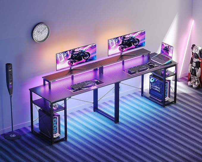 MOTPK 40 Inch Small Gaming Desk with Storage & Led Lights, Computer Desk with Shelf, Reversible Gamer Desk with Monitor Stand, Carbon Fiber Texture Black